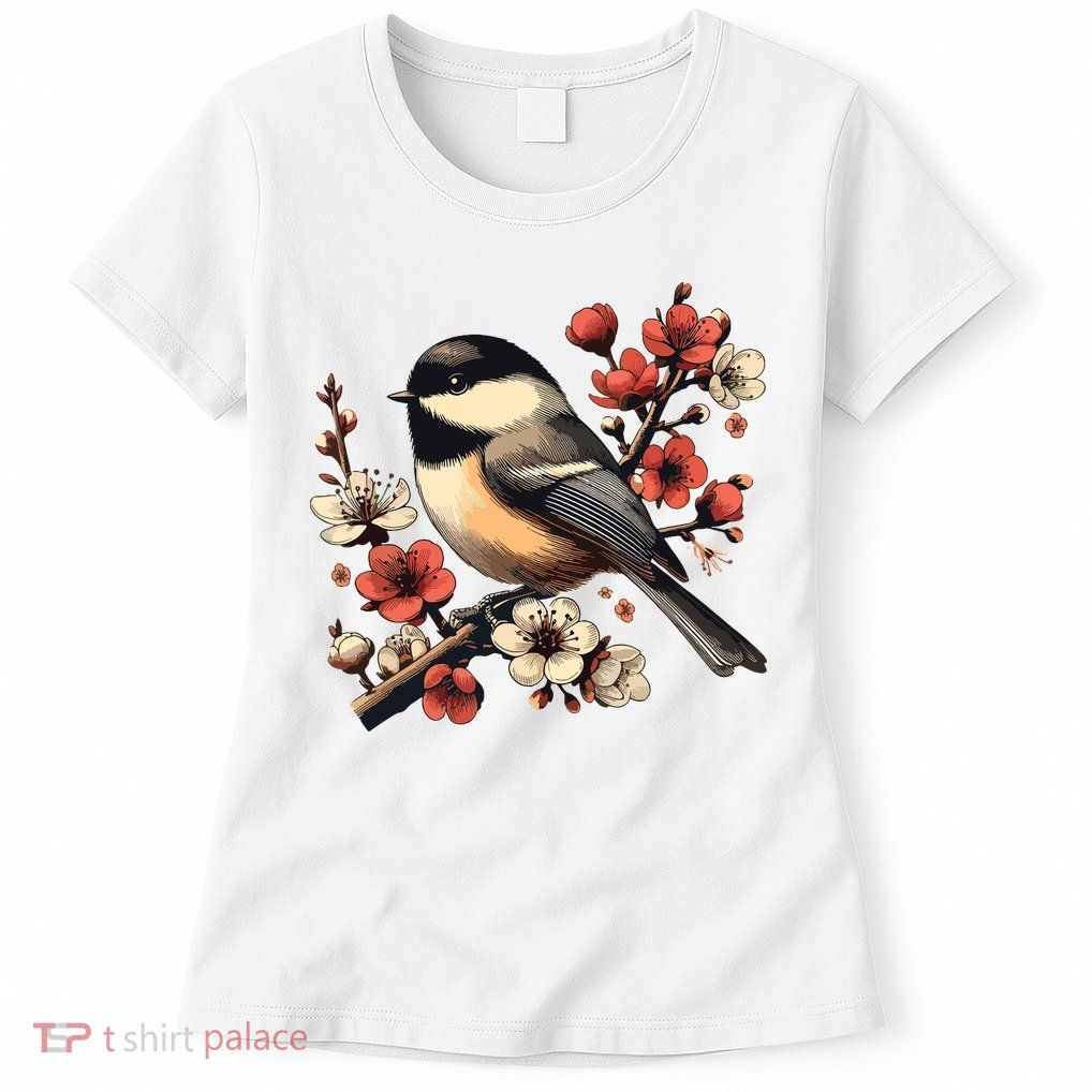 Bird Watching Nature Animal Vintage Blossom Chickadee Womens T-Shirt