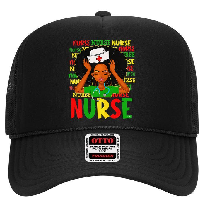 Black Woman Nurse Afro Retro Juneteenth Black History Month High Crown Mesh Back Trucker Hat