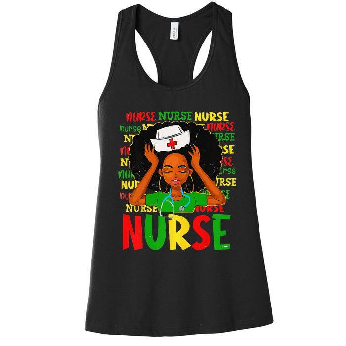 Black Woman Nurse Afro Retro Juneteenth Black History Month Women's Racerback Tank