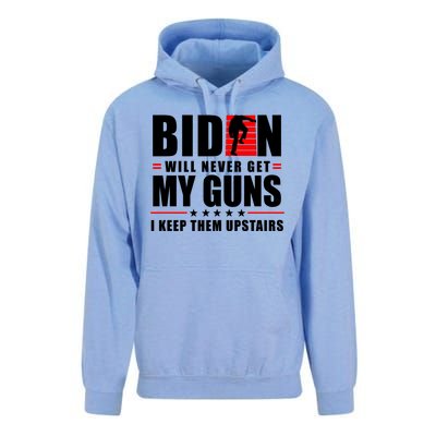 Biden Will Never Get My Guns I Keep Them Upstairs Funny Unisex Surf Hoodie