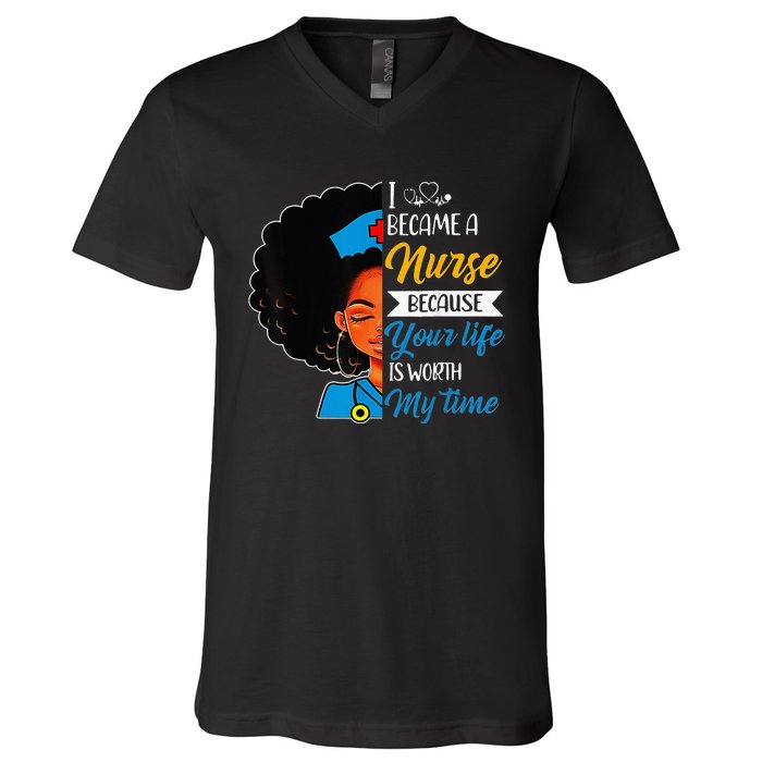 Black Woman Nurse Afro Retro Cool Black History Month Gift V-Neck T-Shirt