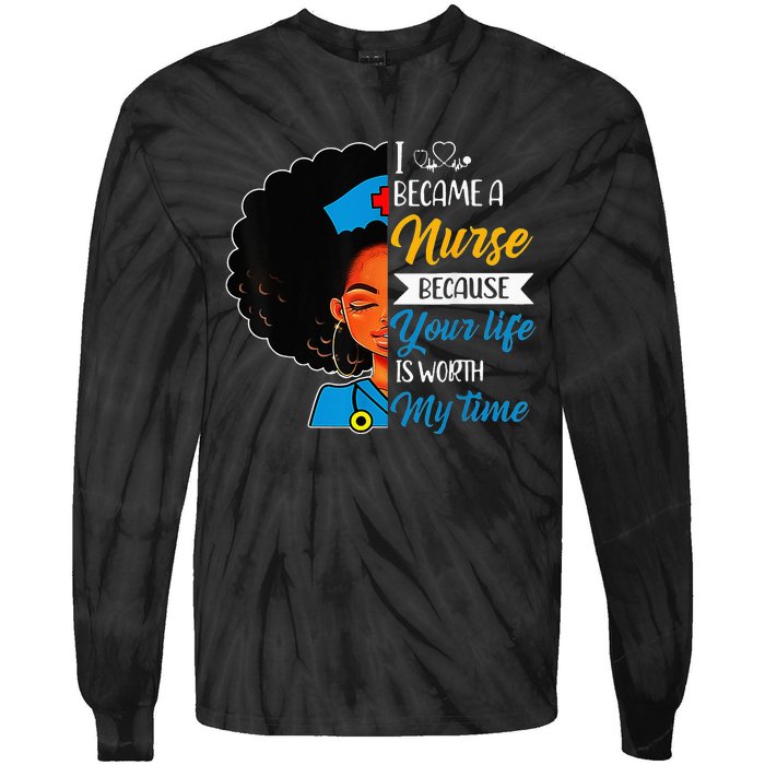 Black Woman Nurse Afro Retro Cool Black History Month Gift Tie-Dye Long Sleeve Shirt