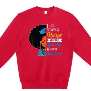 Black Woman Nurse Afro Retro Cool Black History Month Gift Premium Crewneck Sweatshirt