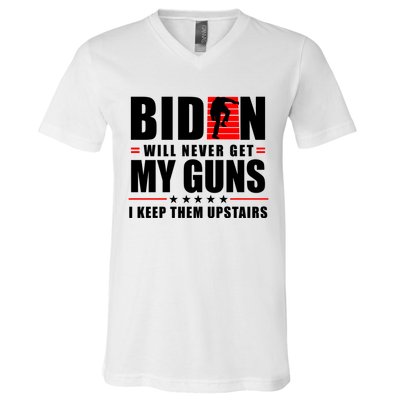 Biden Will Never Get My Guns I Keep The Upstairs Funny Politcal V-Neck T-Shirt