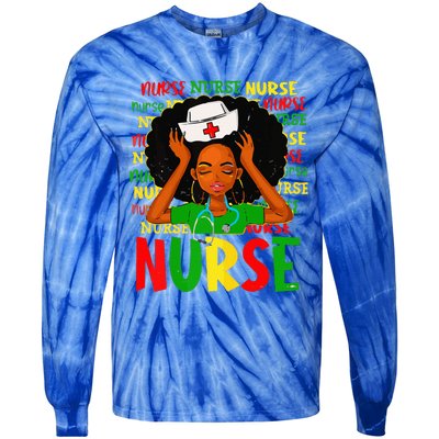 Black Women Nurse Afro Retro Juneteenth Black Month History Tie-Dye Long Sleeve Shirt