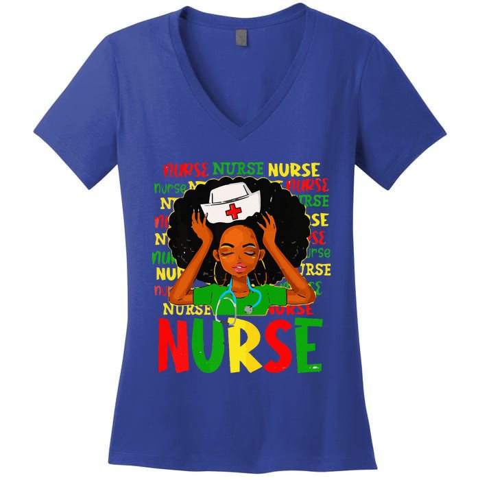 Black Women Nurse Afro Retro Juneteenth Black Month History Women's V-Neck T-Shirt