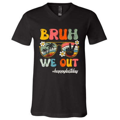 Bruh We Out Teachers Groovy Retro Happy Last Day Of School V-Neck T-Shirt