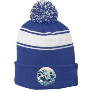 Blue Wave Of Cat Ladies For Kamala Meaningful Gift Stripe Pom Pom Beanie