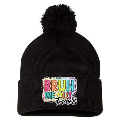 Bruh We Out Teachers Cute End Of School Year Summer Groovy Pom Pom 12in Knit Beanie