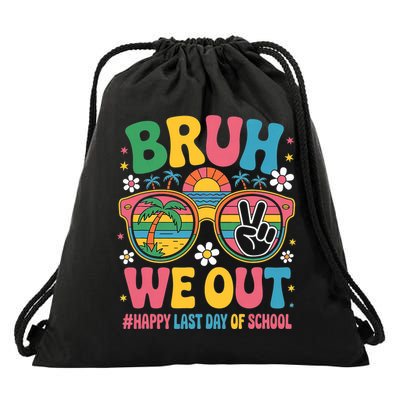 Bruh We Out Teachers Happy Last Day Of School Groovy Drawstring Bag