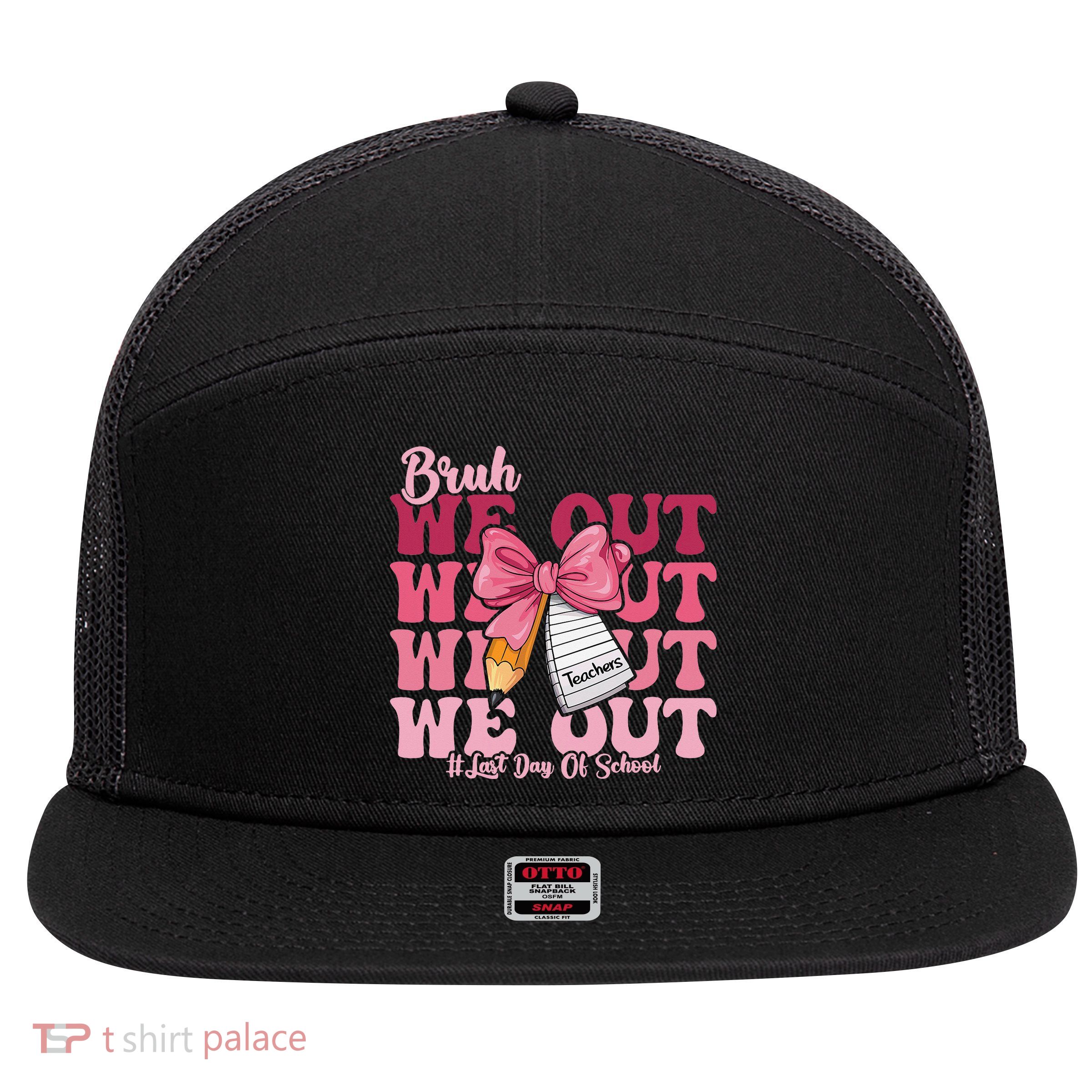 Bruh We Out Coquette Bow Happy Last Day Of School Groovy 7 Panel Mesh Trucker Snapback Hat