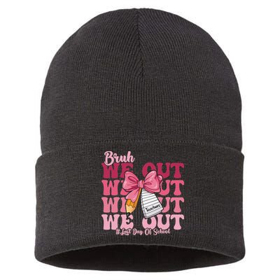 Bruh We Out Coquette Bow Happy Last Day Of School Groovy Sustainable Knit Beanie