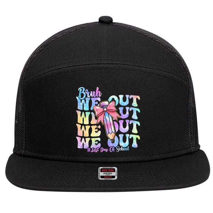 Bruh We Out Tie Dye Happy Last Day Of School Coquette Bow 7 Panel Mesh Trucker Snapback Hat