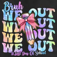 Bruh We Out Tie Dye Happy Last Day Of School Coquette Bow 7 Panel Mesh Trucker Snapback Hat