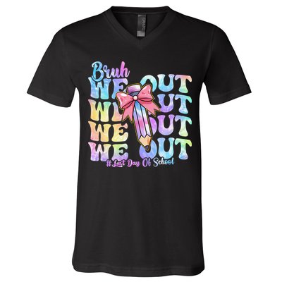 Bruh We Out Tie Dye Happy Last Day Of School Coquette Bow V-Neck T-Shirt