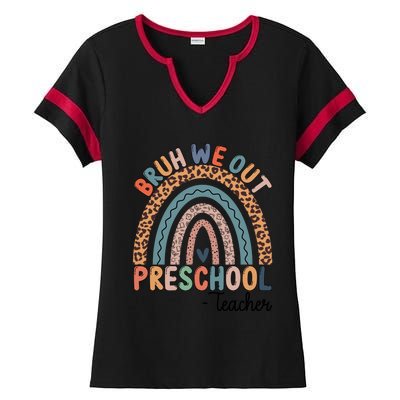 Bruh We Out Teachers Rainbow Leopard Print Preschool Teacher Gift Ladies Halftime Notch Neck Tee