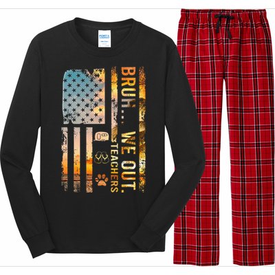 Bruh We Out Teachers Summer Camping Flip Flops Dog Usa Flag Long Sleeve Pajama Set