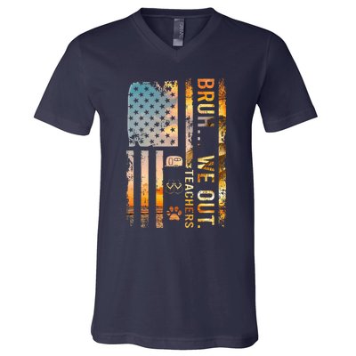 Bruh We Out Teachers Summer Camping Flip Flops Dog Usa Flag V-Neck T-Shirt