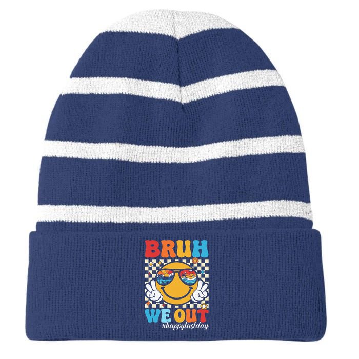 Bruh We Out Happy Last Day Of School Teacher Boy Girl Summer Striped Beanie with Solid Band