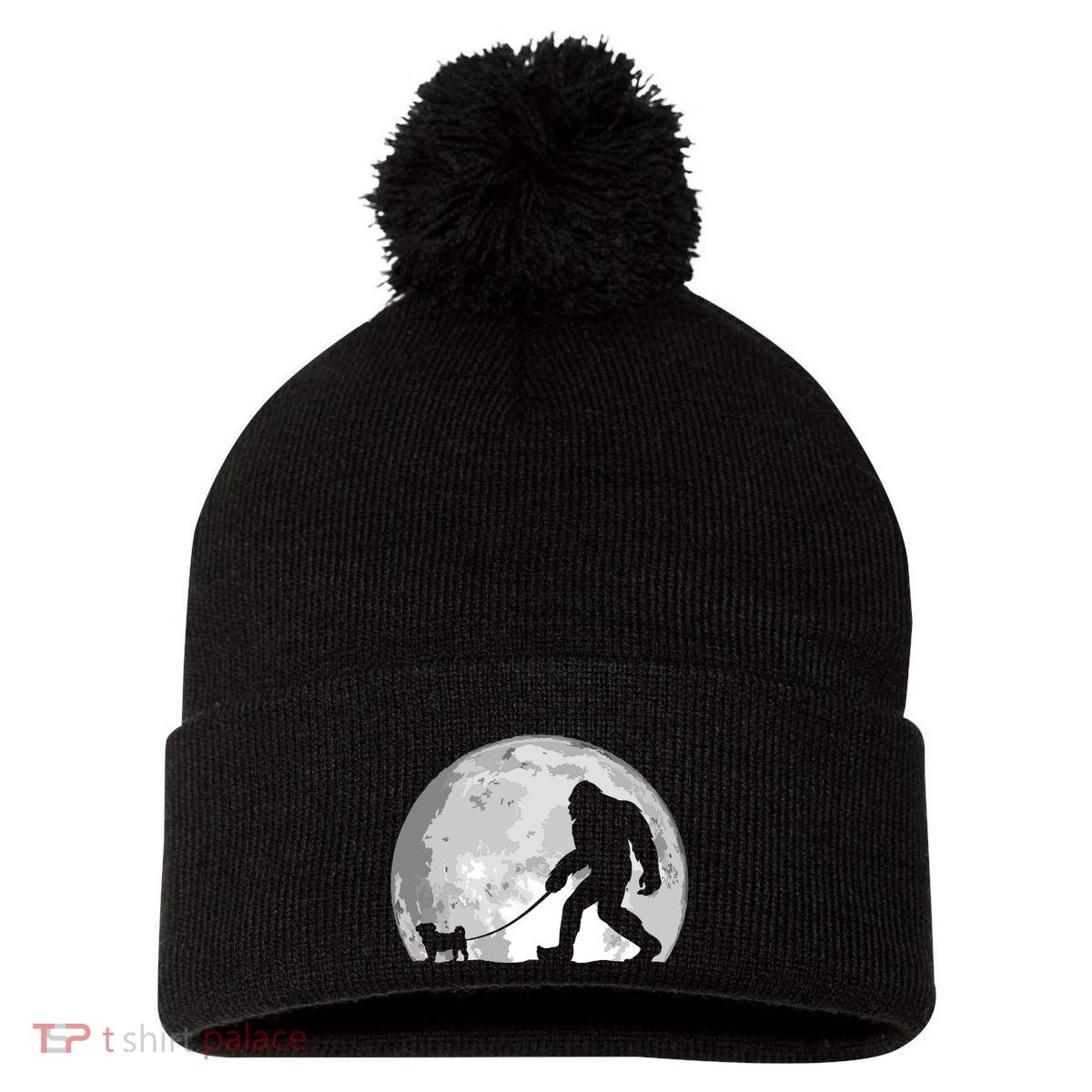 Bigfoot Walks Pug Funny Pug Funny Bigfoot Pug Lover Pug Pom Pom 12in Knit Beanie