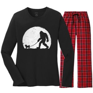 Bigfoot Walks Pug Funny Pug Funny Bigfoot Pug Lover Pug Women's Long Sleeve Flannel Pajama Set 