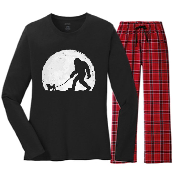 Bigfoot Walks Pug Funny Pug Funny Bigfoot Pug Lover Pug Women's Long Sleeve Flannel Pajama Set 