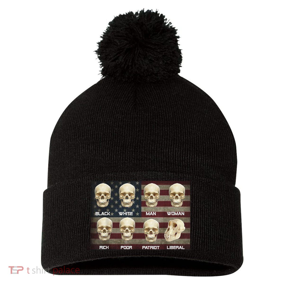 Black White Patriot Liberal Skulls Pom Pom 12in Knit Beanie