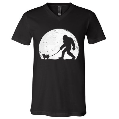 Bigfoot Walks Pug Funny Pug Funny Bigfoot Pug Lover Pug V-Neck T-Shirt