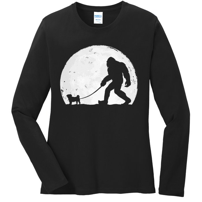 Bigfoot Walks Pug Funny Pug Funny Bigfoot Pug Lover Pug Ladies Long Sleeve Shirt