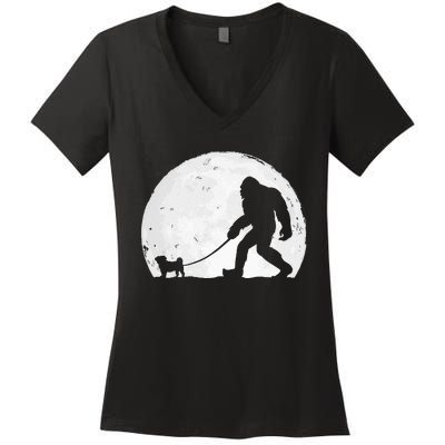 Bigfoot Walks Pug Funny Pug Funny Bigfoot Pug Lover Pug Women's V-Neck T-Shirt