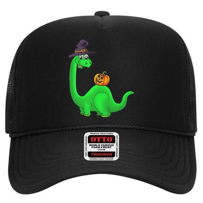 Brachiosaurus Witch Pumpkin Halloween Dinosaur Brontosaurus High Crown Mesh Back Trucker Hat