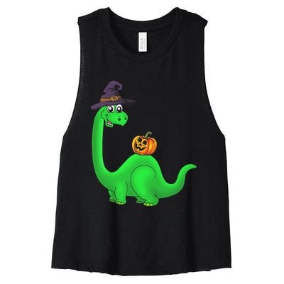 Brachiosaurus Witch Pumpkin Halloween Dinosaur Brontosaurus Women's Racerback Cropped Tank