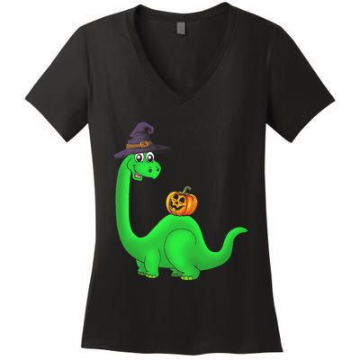 Brachiosaurus Witch Pumpkin Halloween Dinosaur Brontosaurus Women's V-Neck T-Shirt