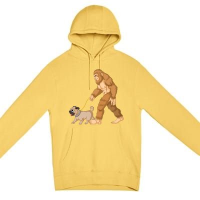 Bigfoot Walking Pug Dog Premium Pullover Hoodie