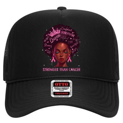 Black Women Queen Stronger Than Breast Cancer Pink Ribbon High Crown Mesh Back Trucker Hat