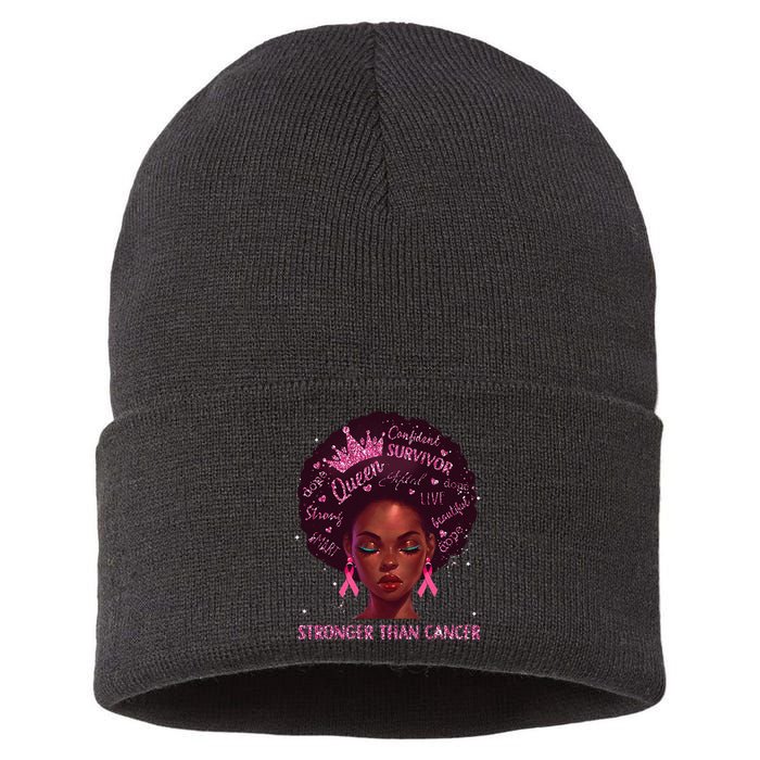 Black Women Queen Stronger Than Breast Cancer Pink Ribbon Sustainable Knit Beanie