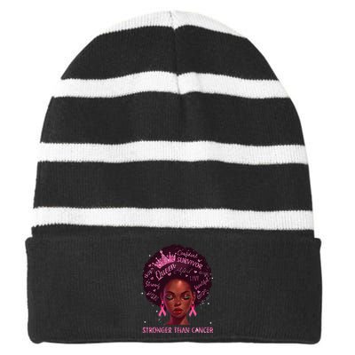 Black Women Queen Stronger Than Breast Cancer Pink Ribbon Striped Beanie with Solid Band