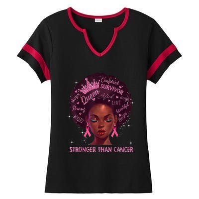 Black Women Queen Stronger Than Breast Cancer Pink Ribbon Ladies Halftime Notch Neck Tee