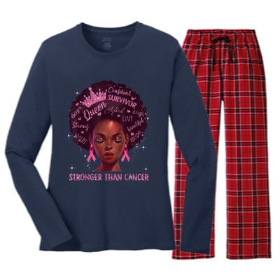 Black Women Queen Stronger Than Breast Cancer Pink Ribbon Women's Long Sleeve Flannel Pajama Set 