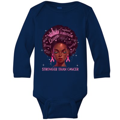 Black Women Queen Stronger Than Breast Cancer Pink Ribbon Baby Long Sleeve Bodysuit