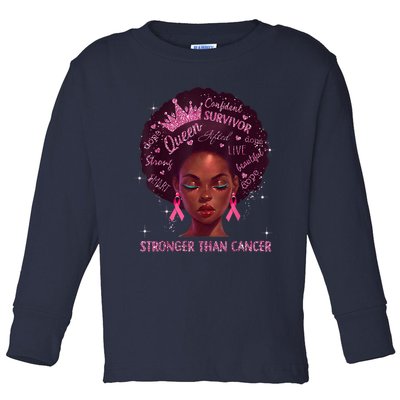 Black Women Queen Stronger Than Breast Cancer Pink Ribbon Toddler Long Sleeve Shirt