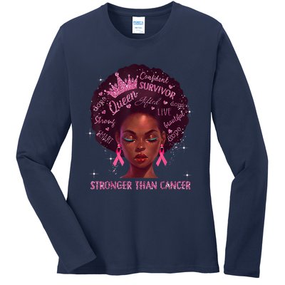 Black Women Queen Stronger Than Breast Cancer Pink Ribbon Ladies Long Sleeve Shirt