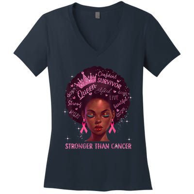 Black Women Queen Stronger Than Breast Cancer Pink Ribbon Women's V-Neck T-Shirt