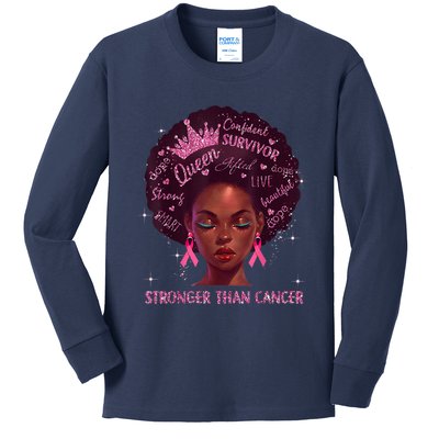 Black Women Queen Stronger Than Breast Cancer Pink Ribbon Kids Long Sleeve Shirt