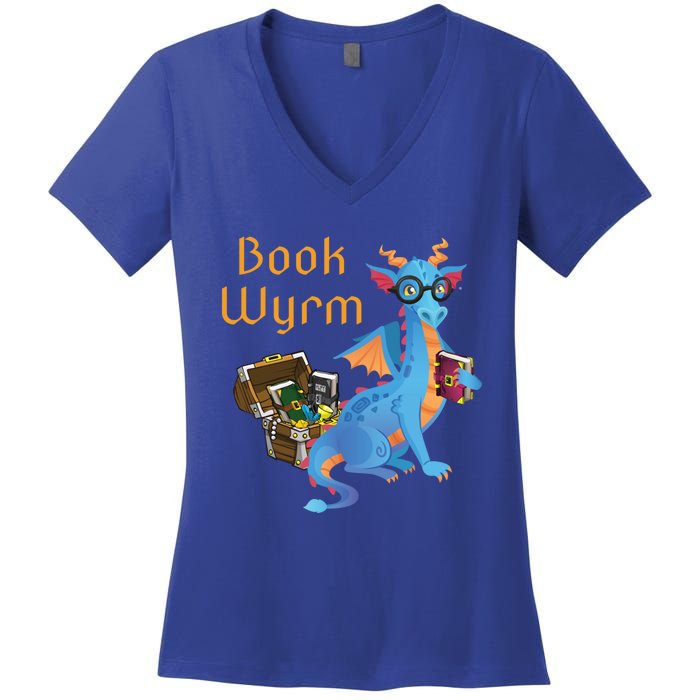 Book Wyrm Reading Dragon Fantasy Book Lover Bookworm Cool Gift Women's V-Neck T-Shirt