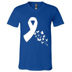 Butterfly White Ribbon Warrior Lung Cancer Awareness Cute Gift V-Neck T-Shirt