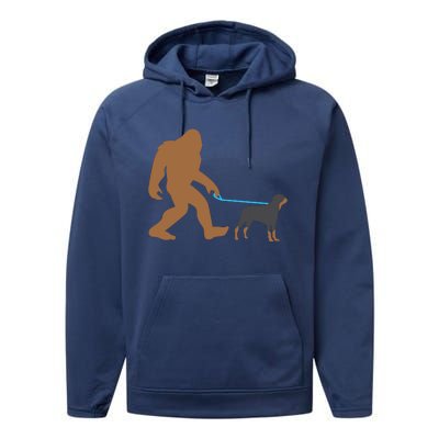 Bigfoot Walking Rottweiler Dog Funny Sasquatch Gift Performance Fleece Hoodie