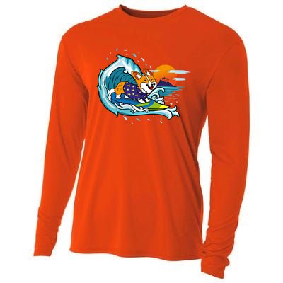 Big Wave Surfing Welsh Corgi Mom Dog Lover Beach Design Gift Cooling Performance Long Sleeve Crew