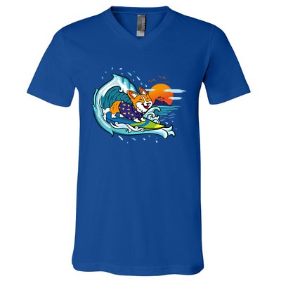 Big Wave Surfing Welsh Corgi Mom Dog Lover Beach Design Gift V-Neck T-Shirt