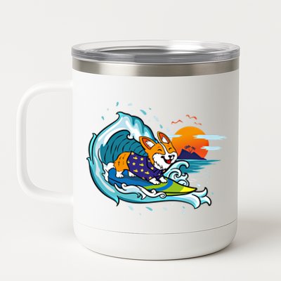 Big Wave Surfing Welsh Corgi Mom Dog Lover Beach Design Gift 12 oz Stainless Steel Tumbler Cup